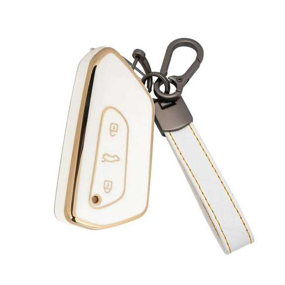 Xotic Tech White TPU Full Protect Remote Control Key Fob Cover Shell Case w/Keychain ,Compatible with Volkswagen Golf 8 ID.4 MK8 Seat Leon MK4 Skoda Octavia 3-Button Smart Keyless Entry Key