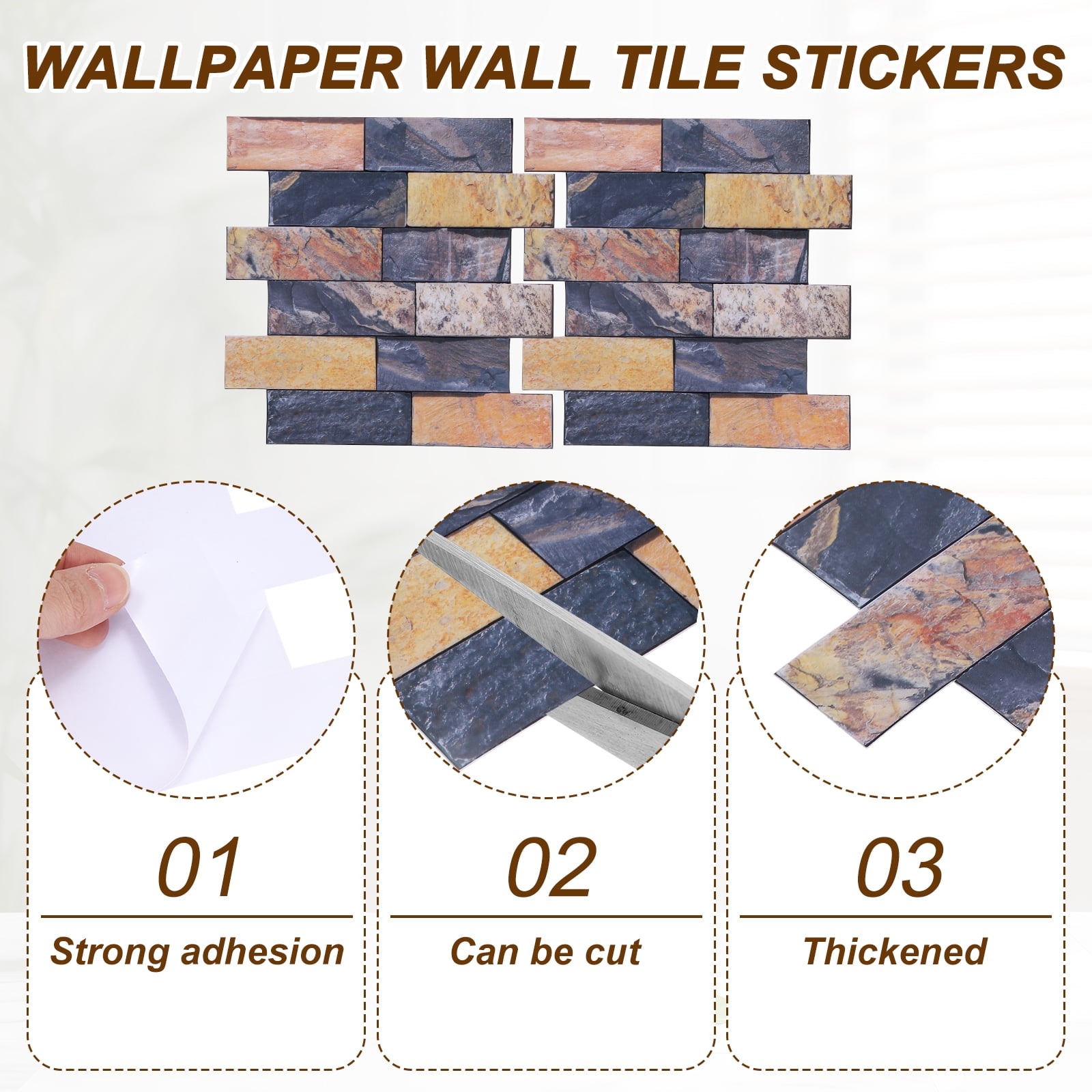 Uxcell 10Pcs Peel and Stick Backsplash Tiles 10.6" x 10.6" 3D Thickened Stone Texture Self-Adhesive Tile Stickers Wallpaper Wall for Kitchen Bathroom Bedroom, Gold Brown Black