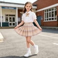thumbnail image 5 of Girls Uniform Outfit Short Sleeve Puff Sleeve Collared Shirt Plaid Pleated Skirt Set 2 Piece Yellow 3-4 Years, 5 of 6