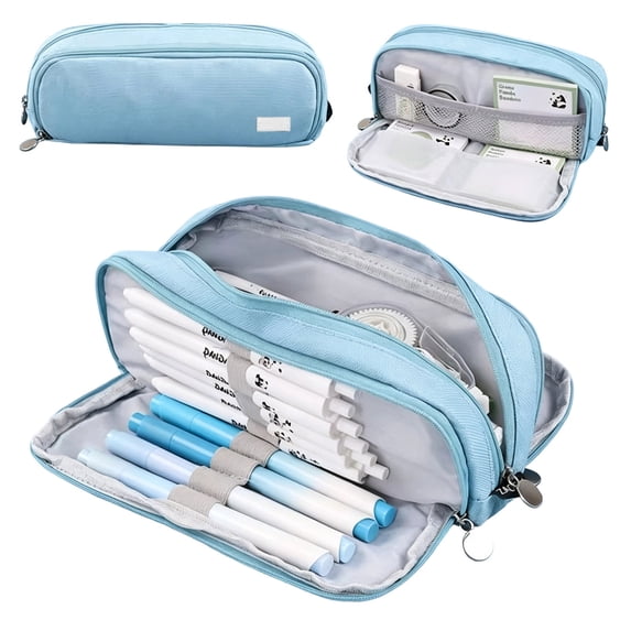 Large Capacity Pencil Case 3 Compartment Pouch Pen Bag Sky Blue