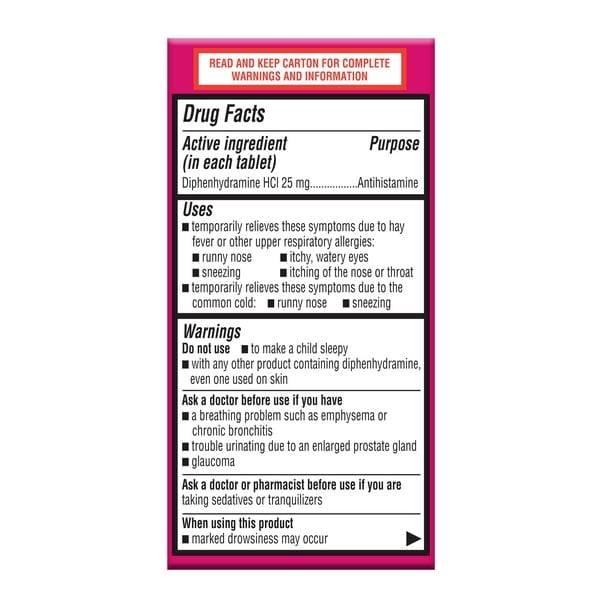 Equate Allergy Relief Diphenhydramine HCl 25 mg Antihistamine Tablets, 100 Count, Compare to Benadryl Allergy Ultra tabs Active Ingredient