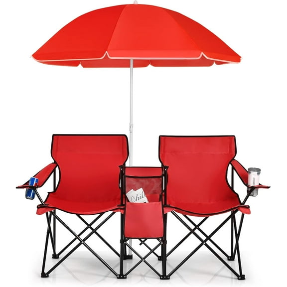 YEXJ Double Camping Chair with Umbrella, Folding Loveseat Chairs w/Canopy Shade, Carrying Bag, Table, Cup Holder, Portable Beach Chairs Outdoor Picnic Patio,Red