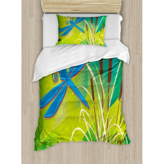 Dragonfly Duvet Cover Set, Butterfly Like Flying Bug on Grunge Vintage Style Backdrop Image, Decorative 2 Piece Bedding Set with 1 Pillow Shams, Twin Size, Pale Green Brown, by Ambesonne