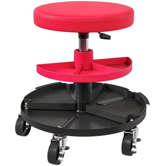 Red Rolling Mechanic Stool with Adjustable Height & Tool Trays - 300lb Capacity Garage Work Seat for Home Workshop & Auto Repair