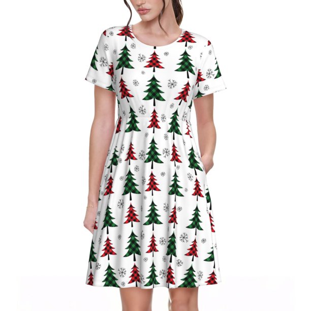 Balery Buffalo Plaid Christmas Trees Vestidos sueltos de manga corta para mujer, vestidos de verano 2025, vestidos casuales de corte A con vuelo.