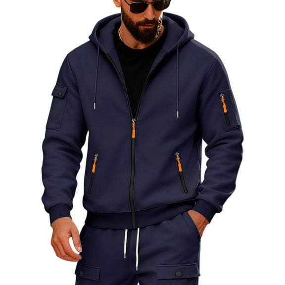 Dwelliawo Men's Fleece Hoodies & Sweatshirts Tactical Sweatshirt Full Zip Cargo Pullover Autumn Fleece Workout Sweatshirt with Pocket Navy M