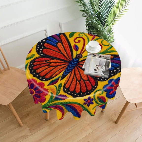 RKSupls 60 Inch Round Tablecloth, Butterfly Flowers Premium Polyester Straight Edge Wrinkle Resistant Washable Table Cover for Party Home Dining Decor