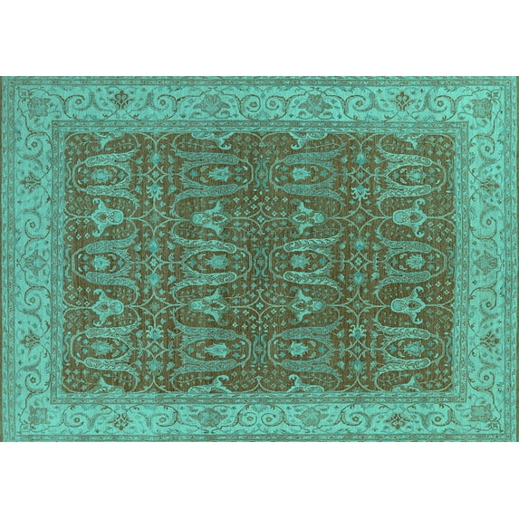 Ahgly Company Machine Washable Indoor Rectangle Oriental Turquoise Blue Industrial Area Rugs, 3' x 5'