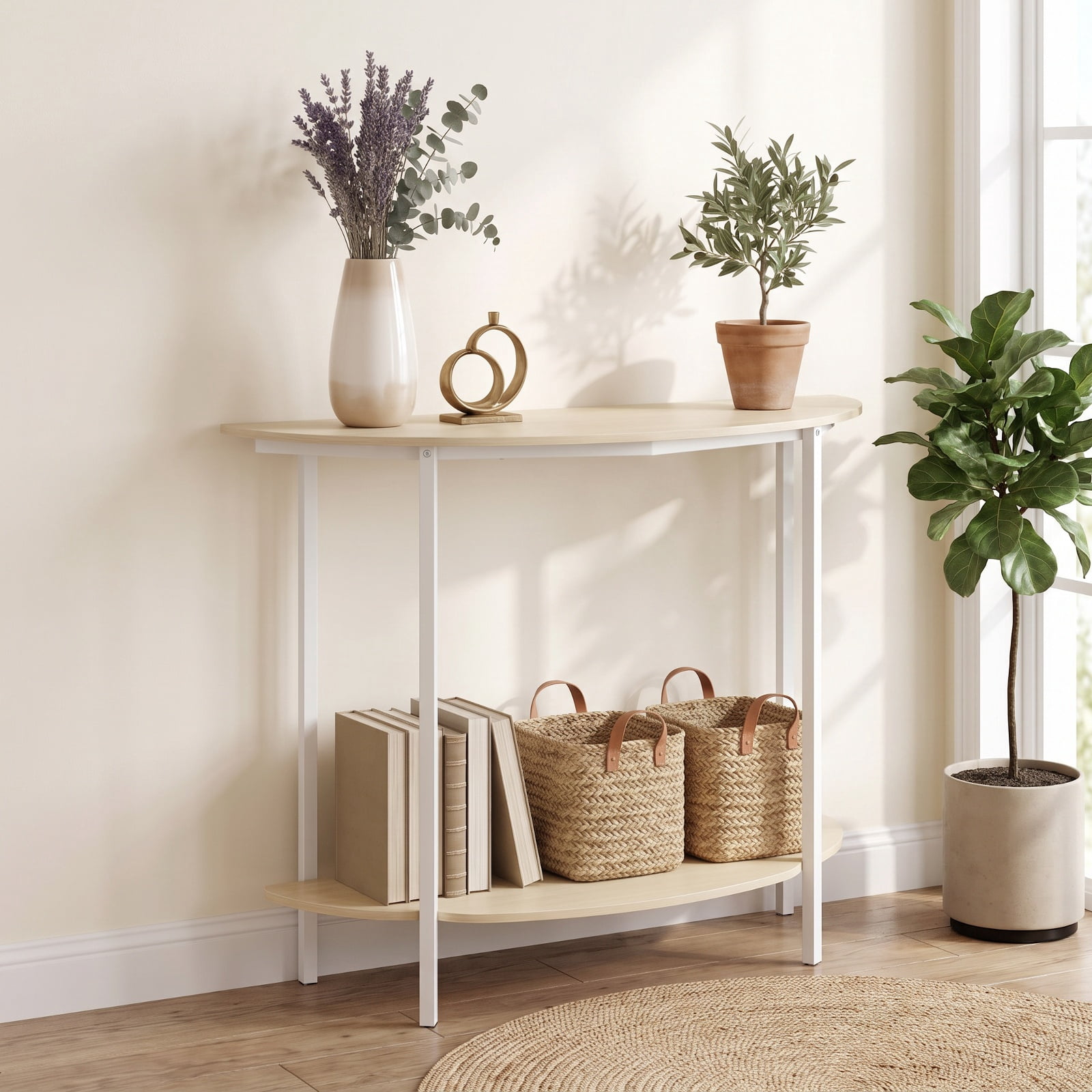 Furnibear Half Moon Console Table 40 Inch 2 Tier Entryway Table with Storage Shelf and Metal Frame for Foyer Hallway and Living Room, Oak