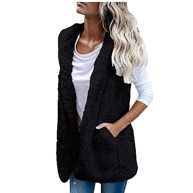 Heliisoer Women Solid Jacket Plush Pocket Color Sleeveless Lapel Vest Loose Coat
