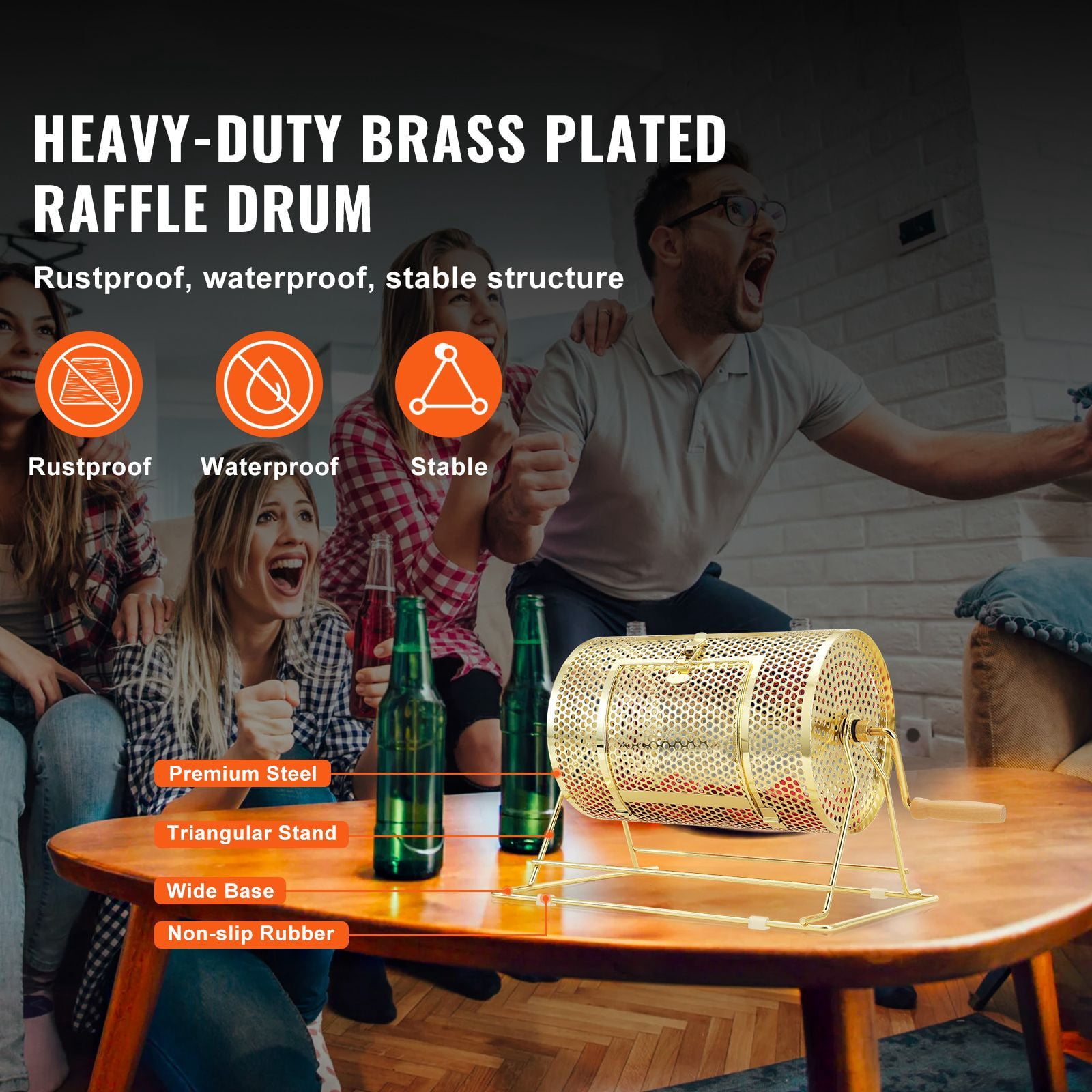 Raffle Drum, Holds 2500 Tickets or 100 Ping Pong Balls, Metal Lottery Spinning Drawing with Wooden Turning Handle,11.6 x Ø7.48 inch Brass Plated Raffle Ticket Spinning Cage, for Bingo Ballot