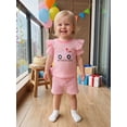 thumbnail image 5 of BemeyourBBs Toddler Baby Girl Birthday Outfit 1 2 3 4 Years Birthday Summer Clothes Casual Ballon Cake in Truck Letter Waffled Striped Ruffled Trim Short Sleeve T Shirt Tops and Shorts 2 Pcs Set, 5 of 9
