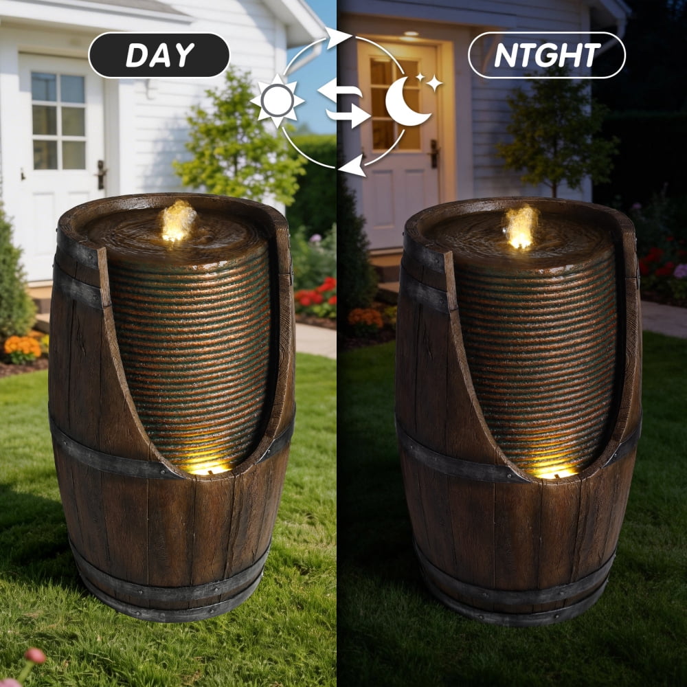24.8" Barrel Cascading Outdoor Water Fountain with LED Lights, Wood Look Resin Handmade Waterfall Garden Decor for Patio Yard Porch