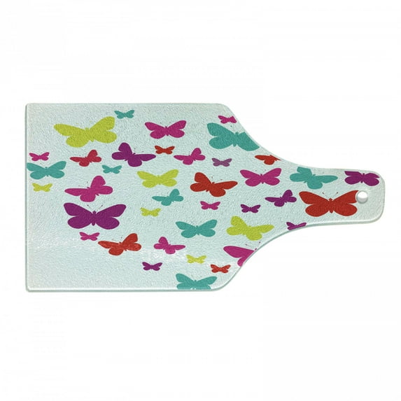 Butterfly Cutting Board, Spring Inspired Butterflies Forming a Heart Multicolored Image Love Nature Theme, Tempered Glass Cutting and Serving Board, Wine Bottle Shape, Multicolor, by Ambesonne