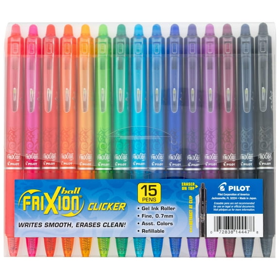 Pilot FriXion Clicker Erasable Gel Pens, Fine, 0.7 mm, Assorted Ink Colors, 15 Count