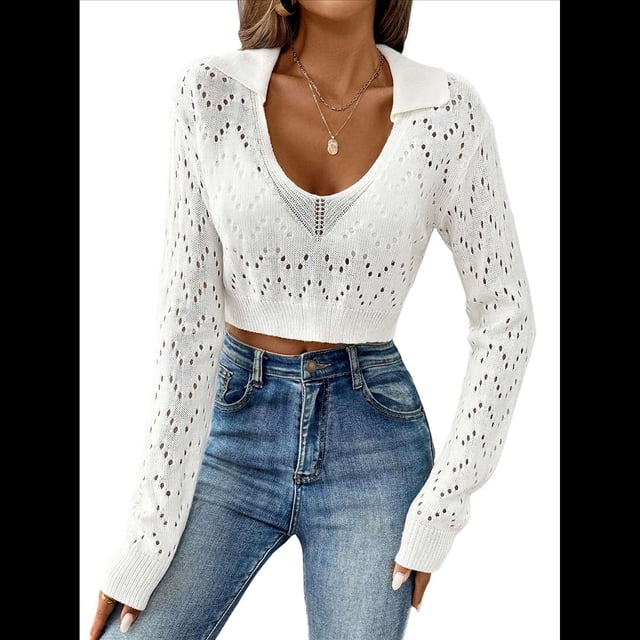 Suéter de Punto de Larga con Cuello en V para Mujer, Top Corto de Crochet Calado, para Playa L