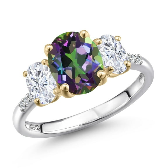 Gem Stone King 925 Silver and 10K Yellow Gold Green Mystic Topaz and White Moissanite and Lab Grown Diamond Engagement Ring for Women | 3.36 Cttw | Oval 9X7MM | November Birthstone | Size 5