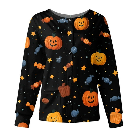 Dwralegc Halloween Scrub Jackets for Woman Crew Neck Long Sleeve Button up Nurses Uniform Halloween Printed Working Lightweight Lab Coat Black L