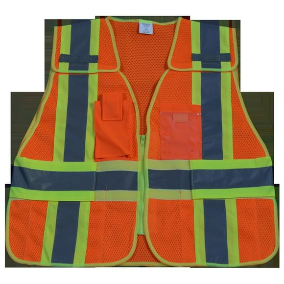 Petra Roc OVM2-PSV-PLUS Public Safety Vest 207-2006 107-2010 Class 2 Orange Mesh with Lime Binding 5-Point Breakaway 5 Pockets, Plus 2X & 5X