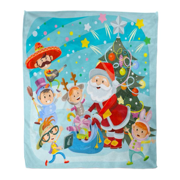 ASHLEIGH Throw Blanket 50x60 Inches Santa Claus Gives Presents to Cheerful Kids in Fancy Dresses Cartoon Children Warm Flannel Soft Blanket for Couch Sofa Bed