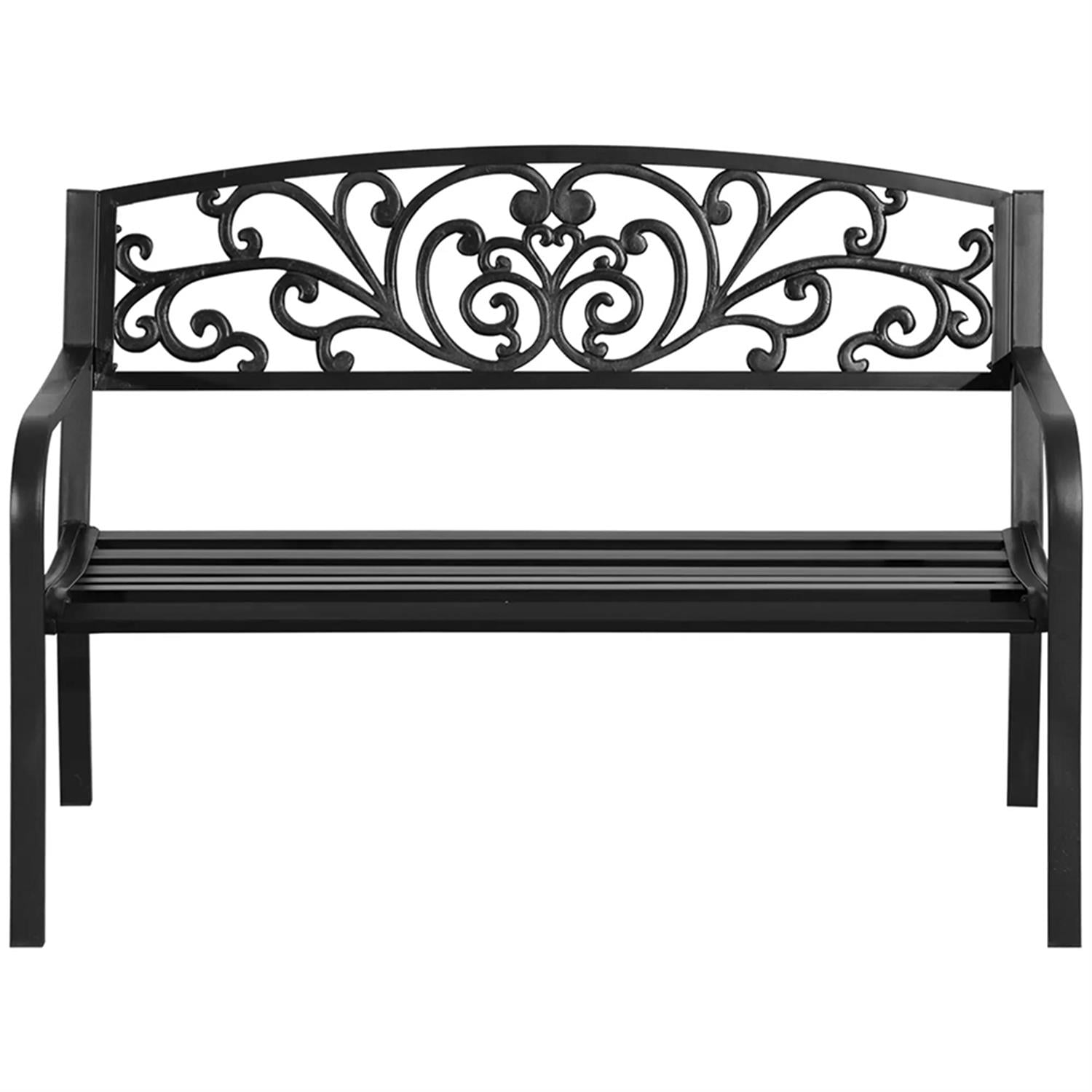 Demi Bonn Patio Garden Bench Metal Park Bench, Outdoor Benches Furniture with Floral Pattern Backrest & Slatted Seat for Patio, Park, Lawn, Yard, Black
