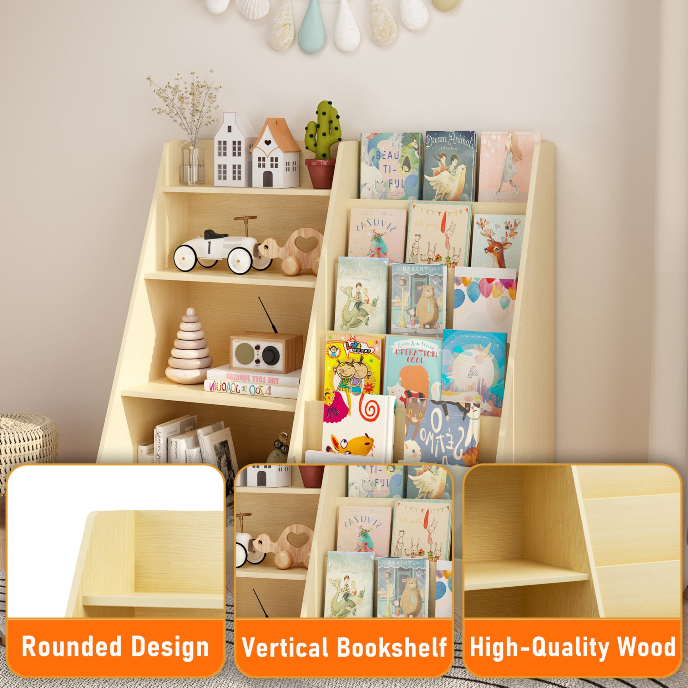 Noble House Kids Bookshelf and Toy Storage Organizer, 4-Tier Wooden Bookcase for Nursery, Playroom, Natural