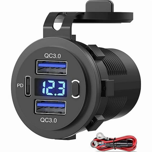 Quyaojz Dual USB Quick Charge 3.0 Port & PD USB C Car Charger Socket, 12V USB Outlet with Voltmeter and Power Switch for Car Boat Marine Truck