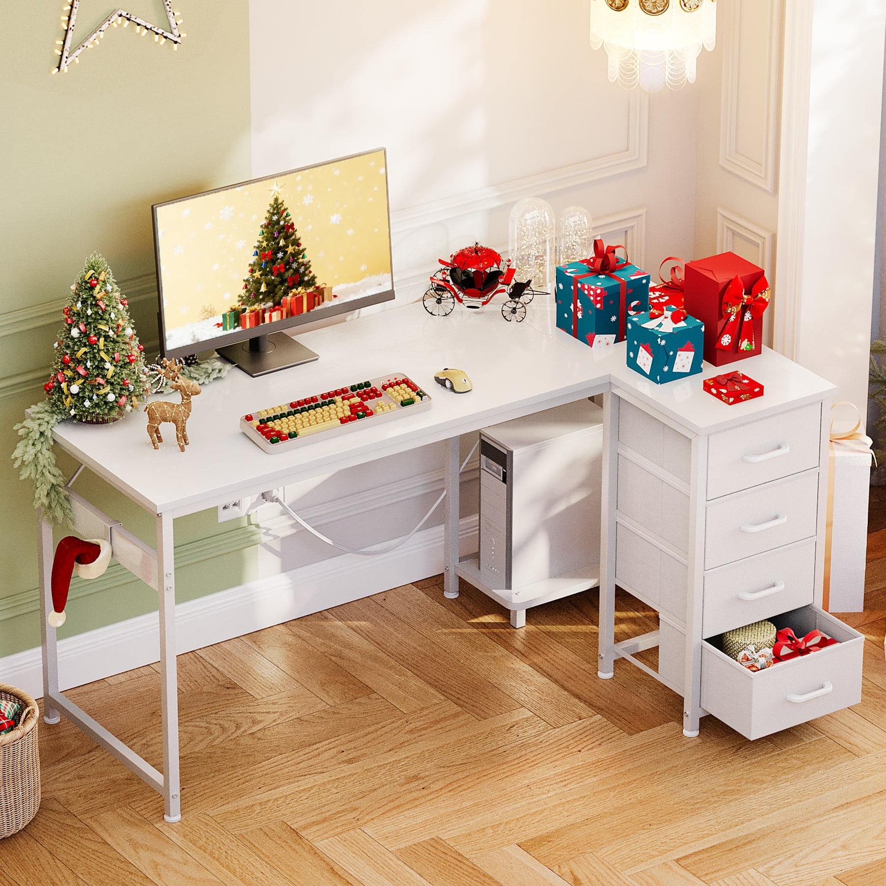48 inch Computer Desk with 4 Fabric Drawers — Home Office Desks with Storage, Writing Desk with Side Hook, Desk Study/Work Table for Bedroom and Small Space, White