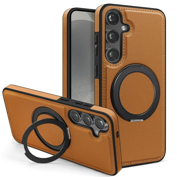 Allytechgroup Magnetic Case for Samsung Galaxy S25  with 1 Pack Screen Protector, Ring Holder Kickstand Hybrid Compatible with Magsafe & Car Mount Anti-Scratch Phone Case Cover for Women Men, Brown