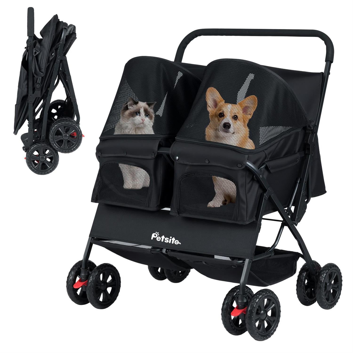 Pefilos Foldable Double Pet Stroller, Adjustable Sunshade & Storage Basket, Rustproof Aluminum Frame, Black