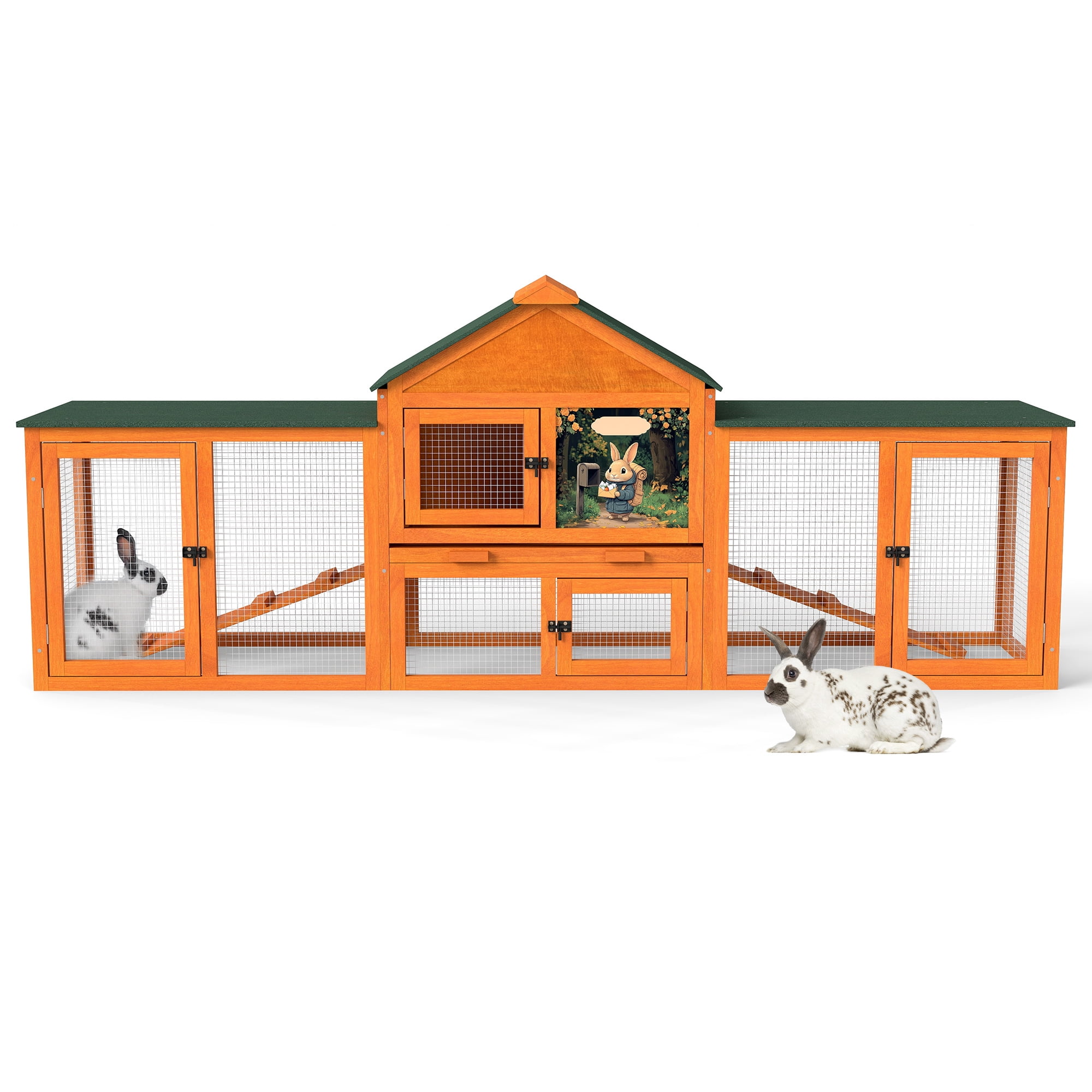 83”Large Wooden Rabbit Hutch Outdoor Easy to Assemble，Rabbit Cage Bunny Hutch Indoor with Cleaning Tray & Waterproof Roof for Small&Medium Bunny Rabbit，Orange