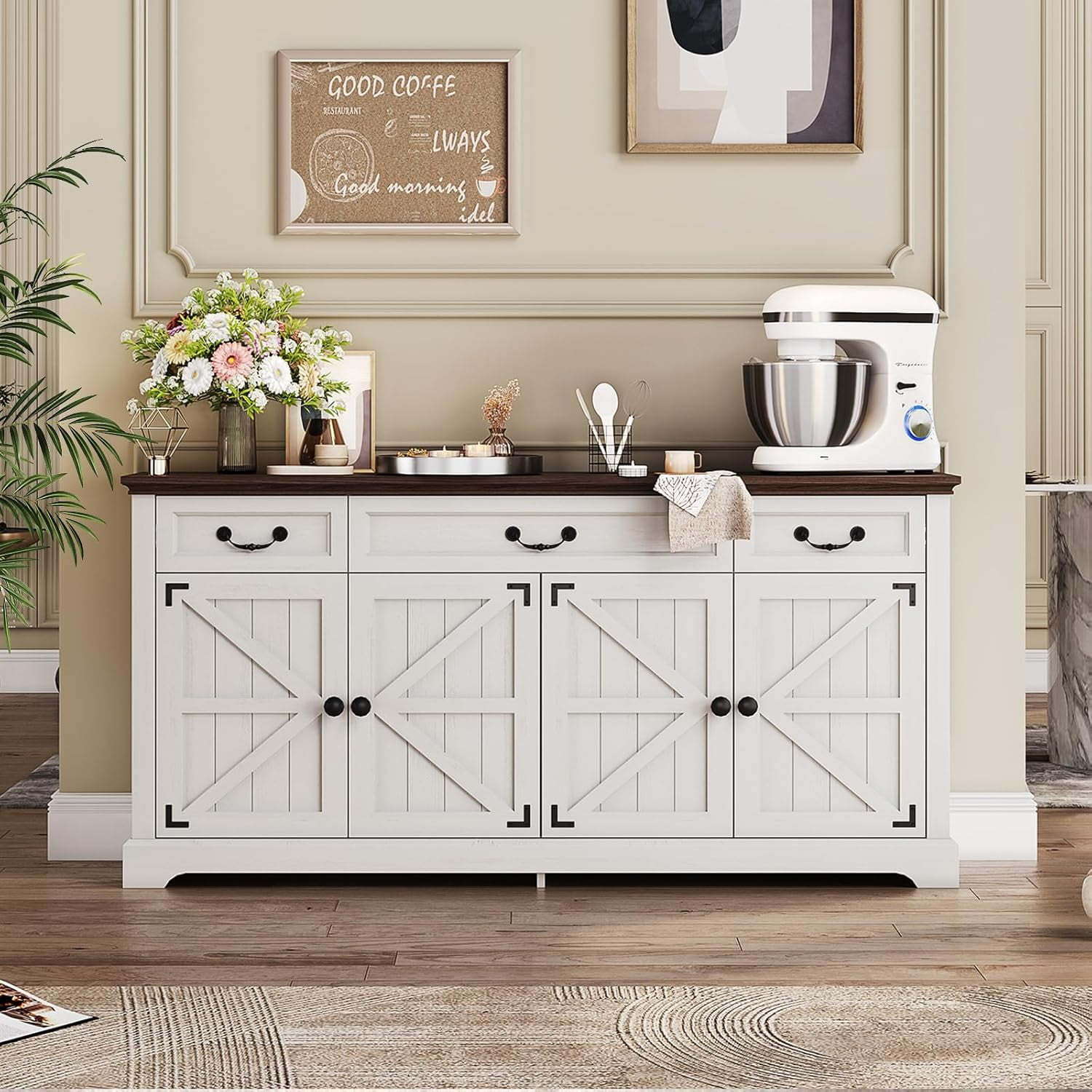 Farmhouse Sideboard Buffet Cabinet with Storage, 64.6'' Large Kitchen Storage Cabinet with Barn Doors Drawers, Wood Coffee Bar Table for Dining Room Living Room, White & Brown