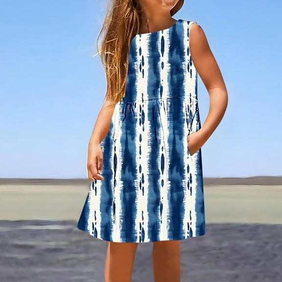 Pounoo New Kids Dresses Girls Fashion Striped Round Neck Sleeveless Mid-Length Summer Dresses with Pocket Flounce Lightweight Girls Hawaiian Dresses