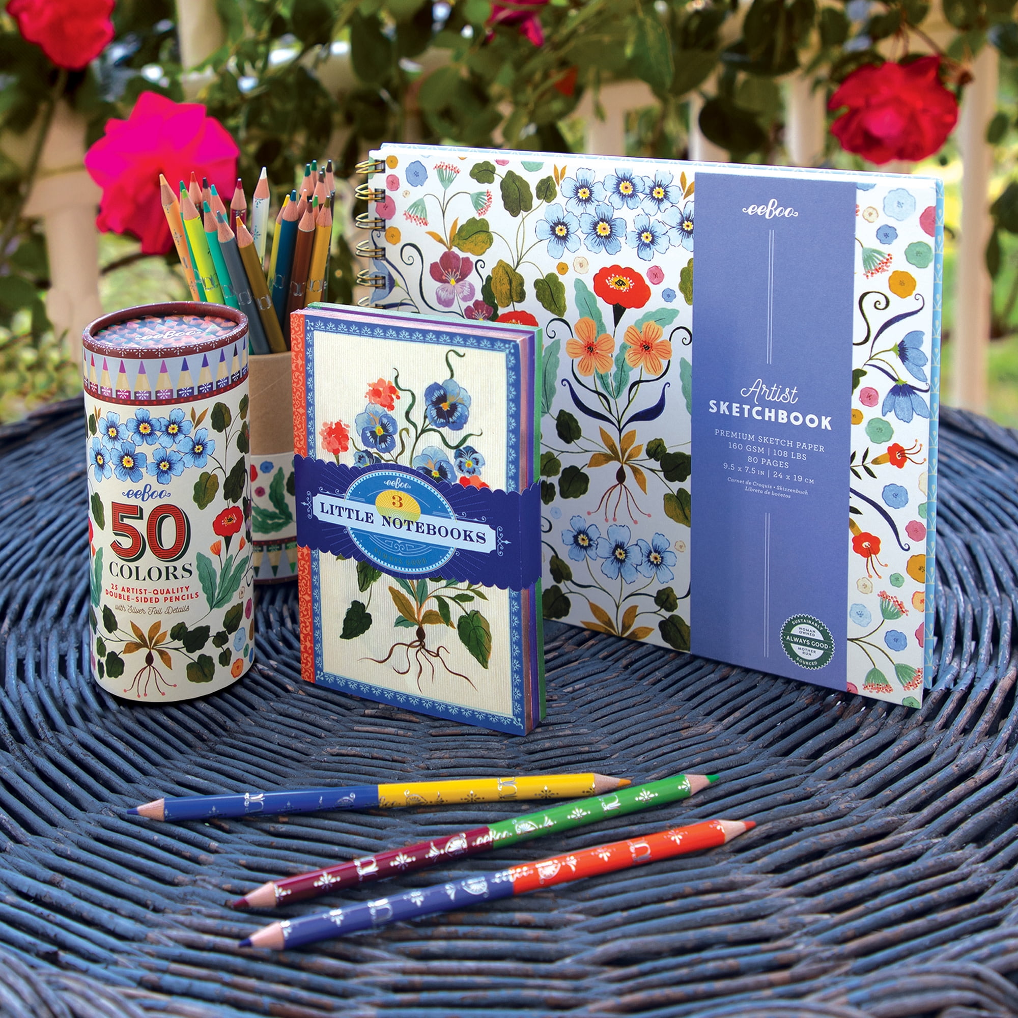 eeBoo Piece & Love: Artist Sketchbook - Flora's - 80 Pages, 9.5 x 7.5" Hardcover Spiral Book, 160 GSM, 108 LBS Drawing Paper, Cream w/ Flowers Cover