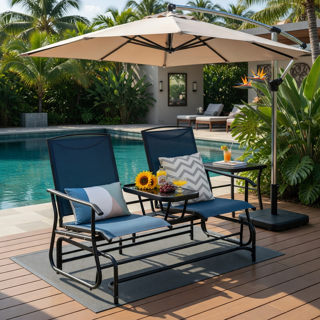 Hommoo 2-Person Outdoor Rocking Loveseat with Tempered Glass Center Table, Steel Frame & Mesh Fabric, Navy