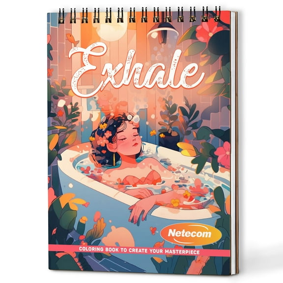Netecom Exhale Coloring Book Spiral Bound For Adults, A5 Wooden Cover, 30 Gentle Coloring Pages of Peaceful Scenes for Stress Relief and Relaxation