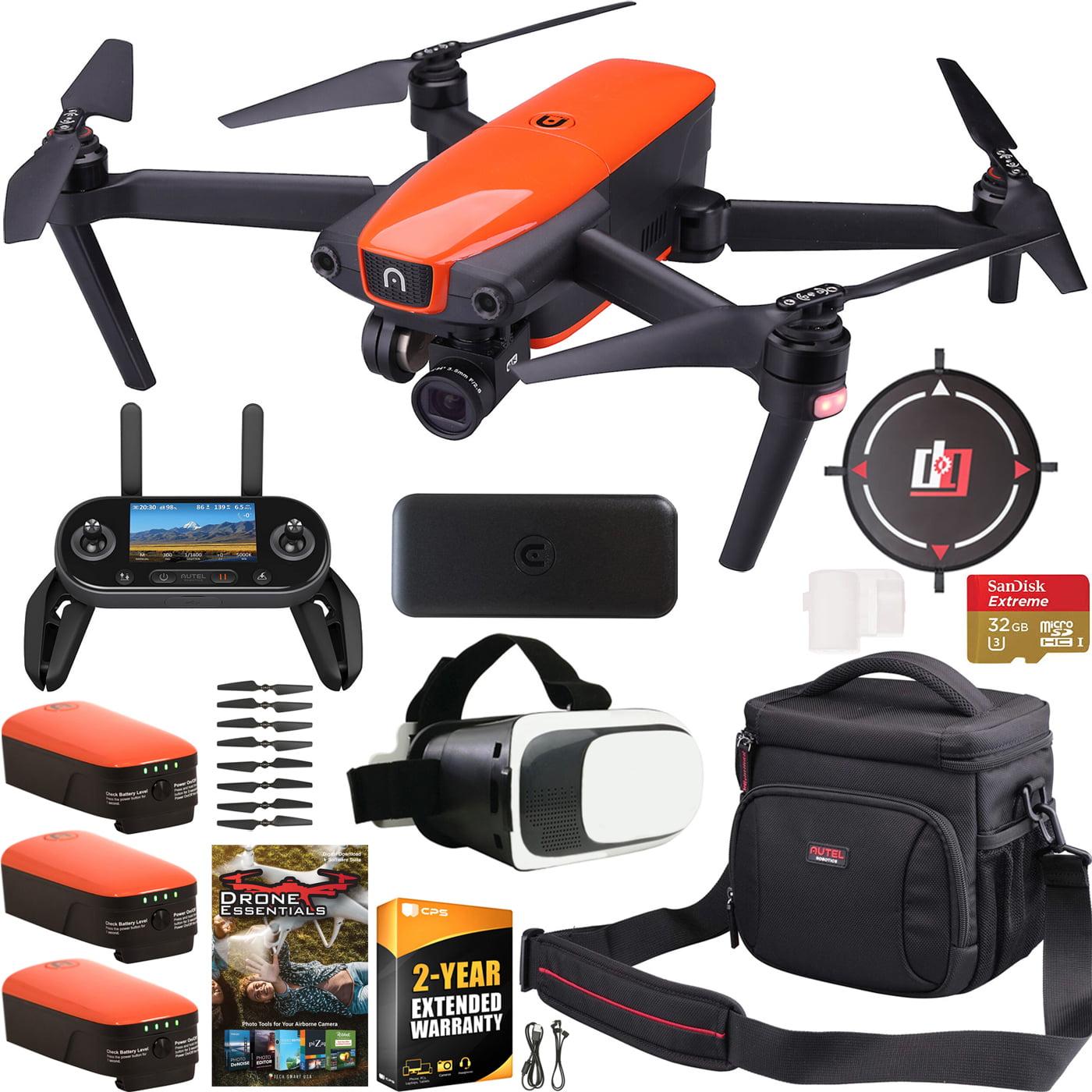 Triple Battery Kit Hard Case Autel Robotics EVO Drone Quadcopter Rugged Extended Warranty Bundle 4K Ultra HD Video 3-Axis Gimbal 12MP Photo Camera with OLED Remote Control FPV VR Goggle Headset