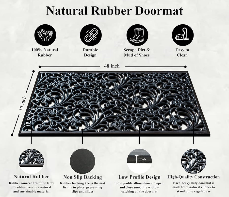 A1HC Floral Paisley Large Outdoor Doormat, Natural Rubber, 30”x48”, Ideal for Outside Entryway, Scrapes Shoes Clean of Dirt & Grime, Heavy Duty Mat for Indoor Outdoor & Busy Areas