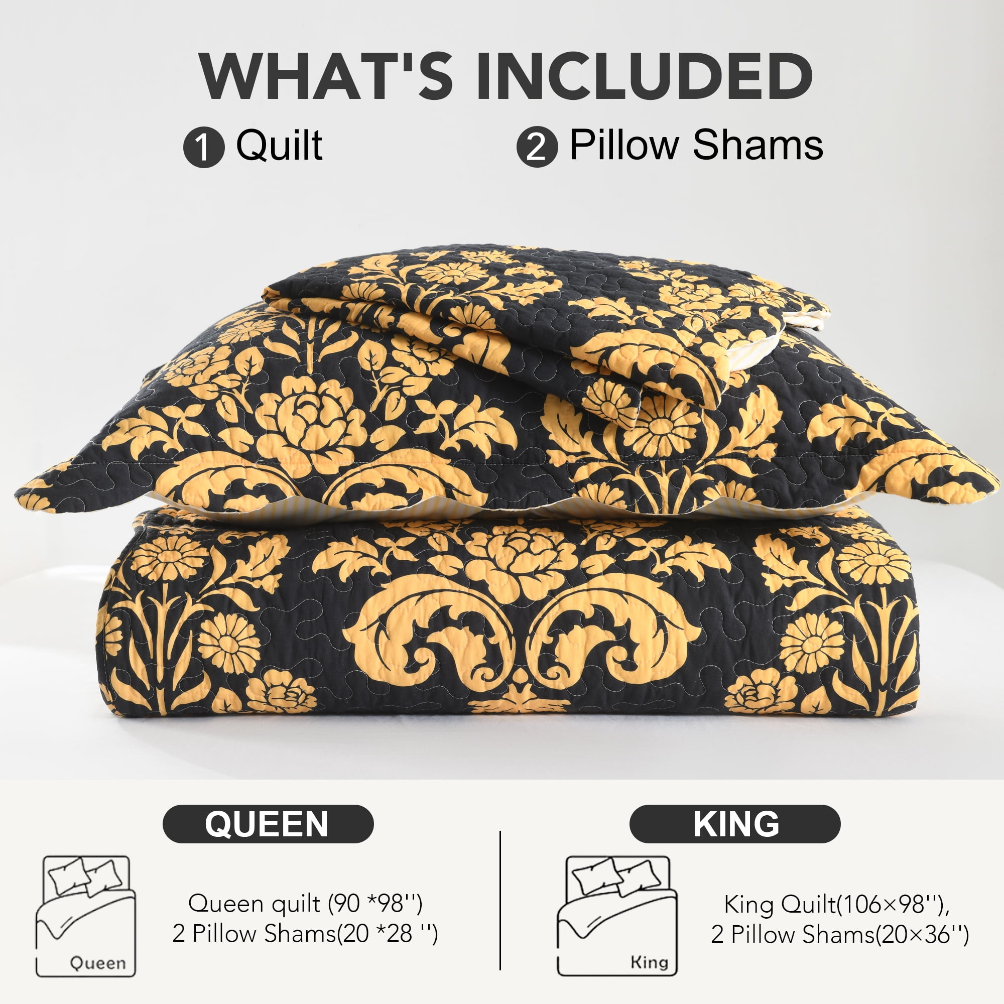 BCOTTOND Hotel-Grade Queen Size Quilt Set, 100% Cotton Reversible Damask Bedspread, Pre-Washed 3-Piece Lightweight Coverlet with 2 Shams, Black Gold