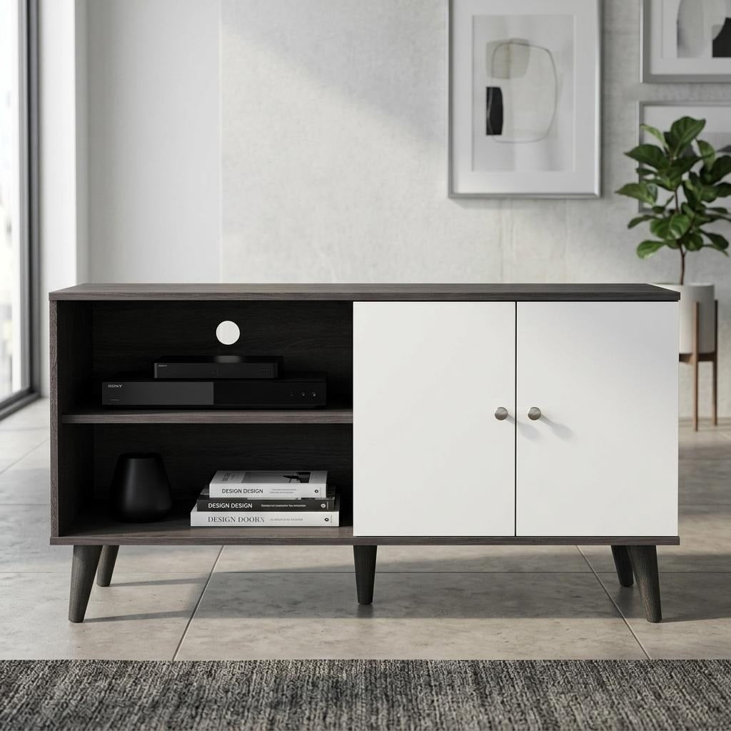 Mintazer 47.3" Mid-Century Modern TV Stand with Open Storage, Media Entertainment Centre with Cable Hole & 2 Door Cabinet, Gray & White