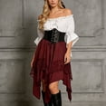 thumbnail image 2 of Rggeeun Halloween for Women Renaissance Women Gothic Dress Corset Dress Fly Sleeve Lapel Collar Ruffle Bow Dress Streetwear Fashion,Red,M, 2 of 4