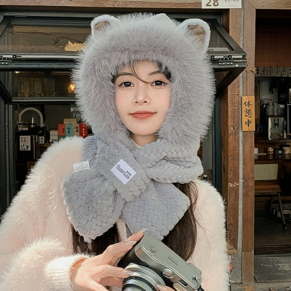 Cute Fox Ear Hooded Plush Scarf Winter Thick Warm Neck Wrap Set Lovely Students Winter