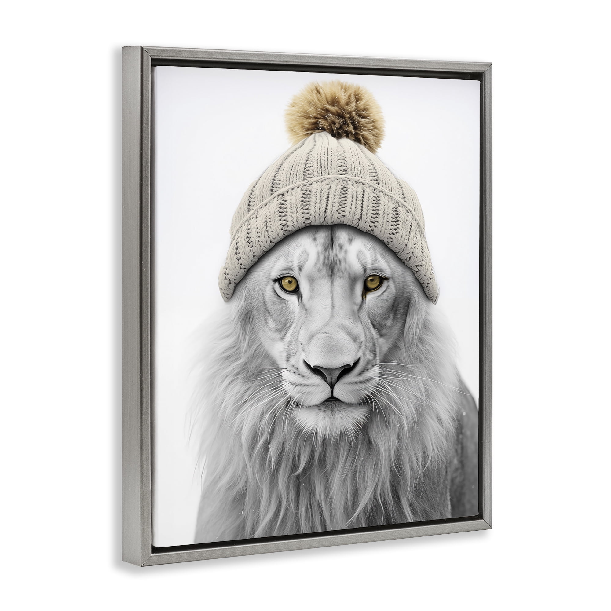 Stupell Industries Lion in Winter Hat Animals & Insects Painting Gray Floater Framed Canvas Art Print Wall Art, 25 x 31