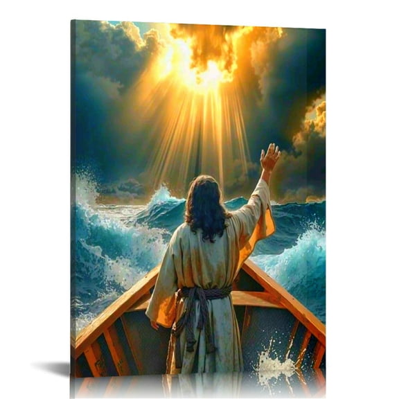 Jesus on Water Canvas Wall Art Painting , Jesus Pictures Canvas Print Posters Wall Decor, Christian Wall Art Home Decor for Prayer Room Bedroom, Living Room, or Hallway Decor Framed