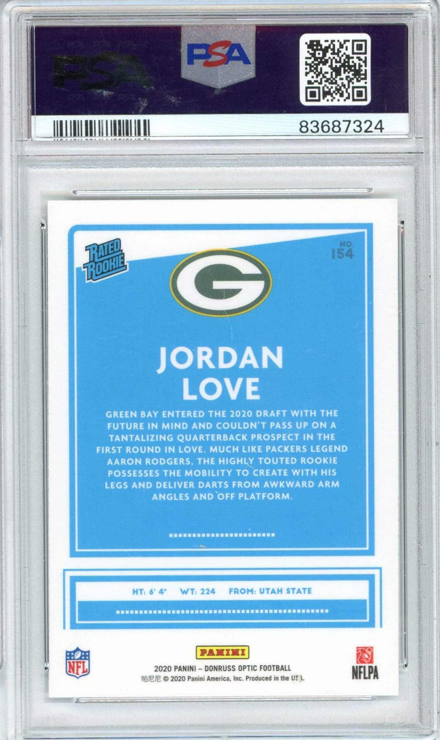 Graded 2020 Panini Donruss Optic Jordan Love #154 Rookie RC Football Card PSA 10 Gem Mint