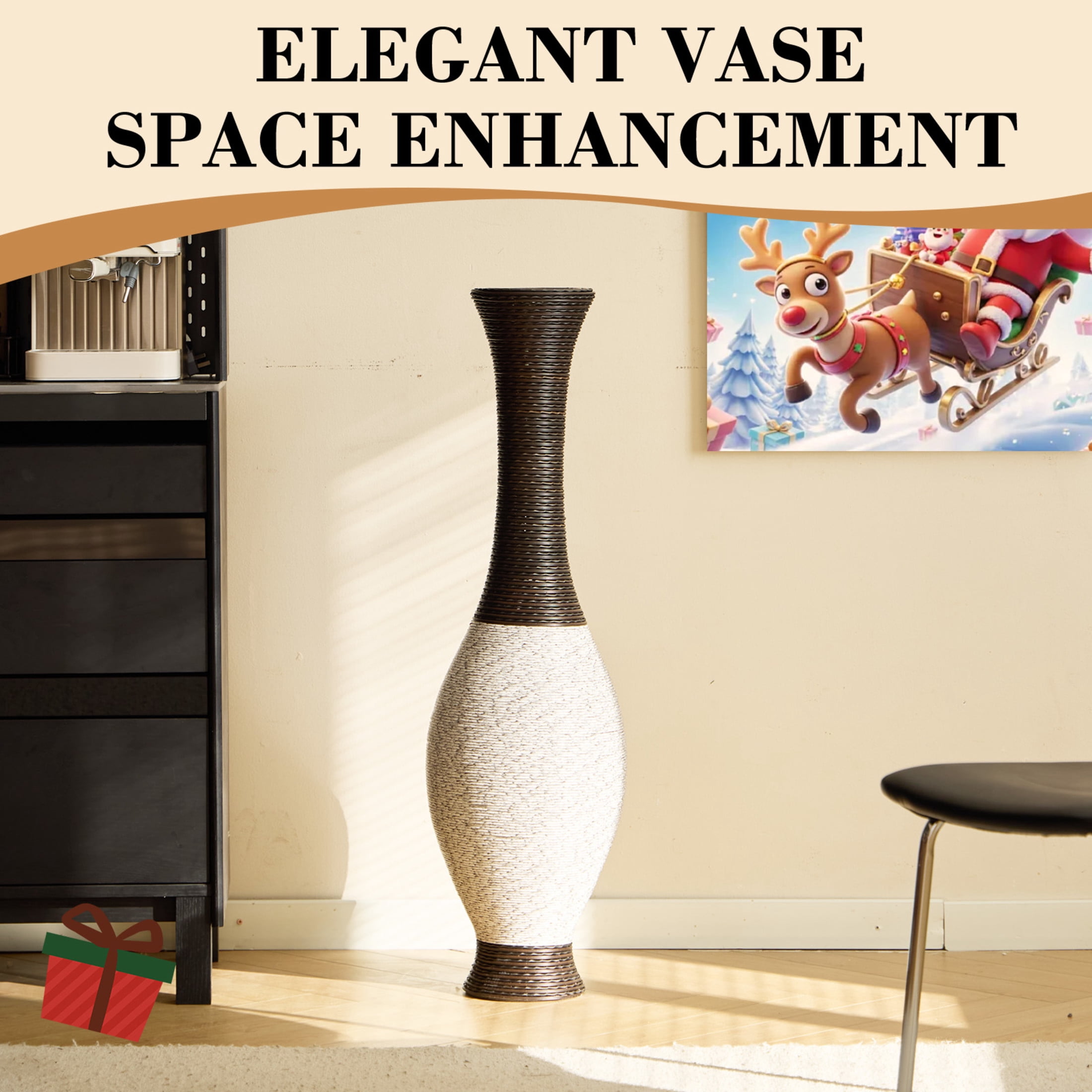 Noble House 39.37" Tall PVC Floor Vase, Hand-Woven Rattan-Look Textured Vase, White+Black