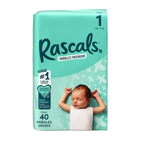 Pañales Rascal + Friends premium etapa 1 unisex 40 pzas