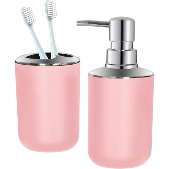 CozyNF Bathroom Accessories Set 2 PCS, Pink Bathroom Accessories Plastic Soap Dispenser and Toothbrush Holder Set Boho Bathroom Decor Bathroom Set Pink