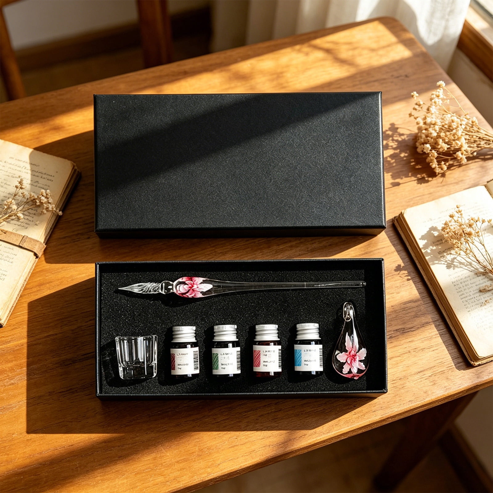 Xheghe Crystal Glass Pen Set with Ink Bottles, Brush Washing Cup & Pen Rack - Ideal Gift for Writers and Professionals