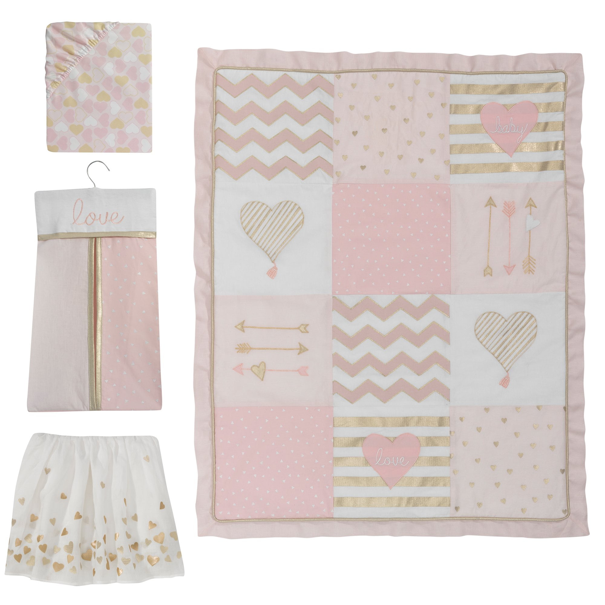 Lambs Ivy Baby Love Pink Gold Heart 4 Piece Crib Bedding Set